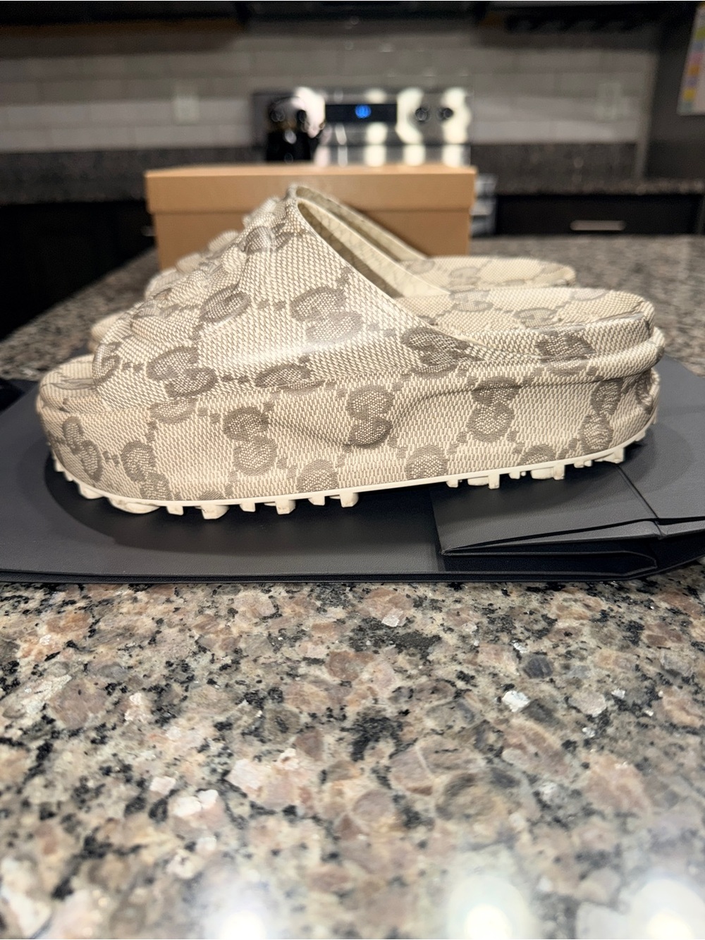Gucci Beige Monogram Platform Slide Sandals